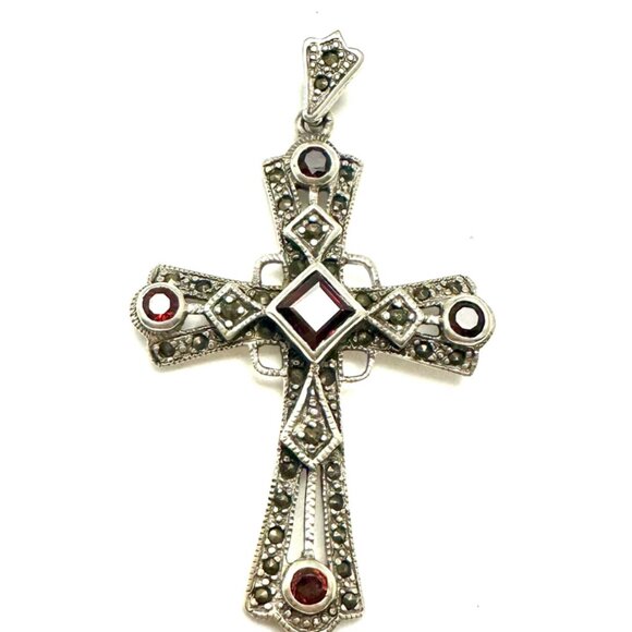 Garnet Cross With Marcasite set in Sterling Sterling Silver 925 Stamped - Picture 2 of 4